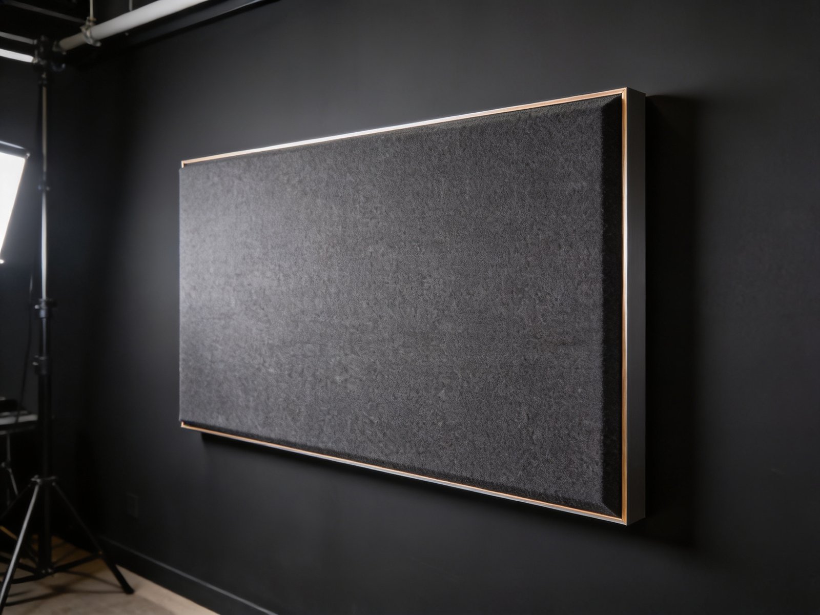 Fabric-wrapped broadband acoustic absorber panel on a dark studio wall