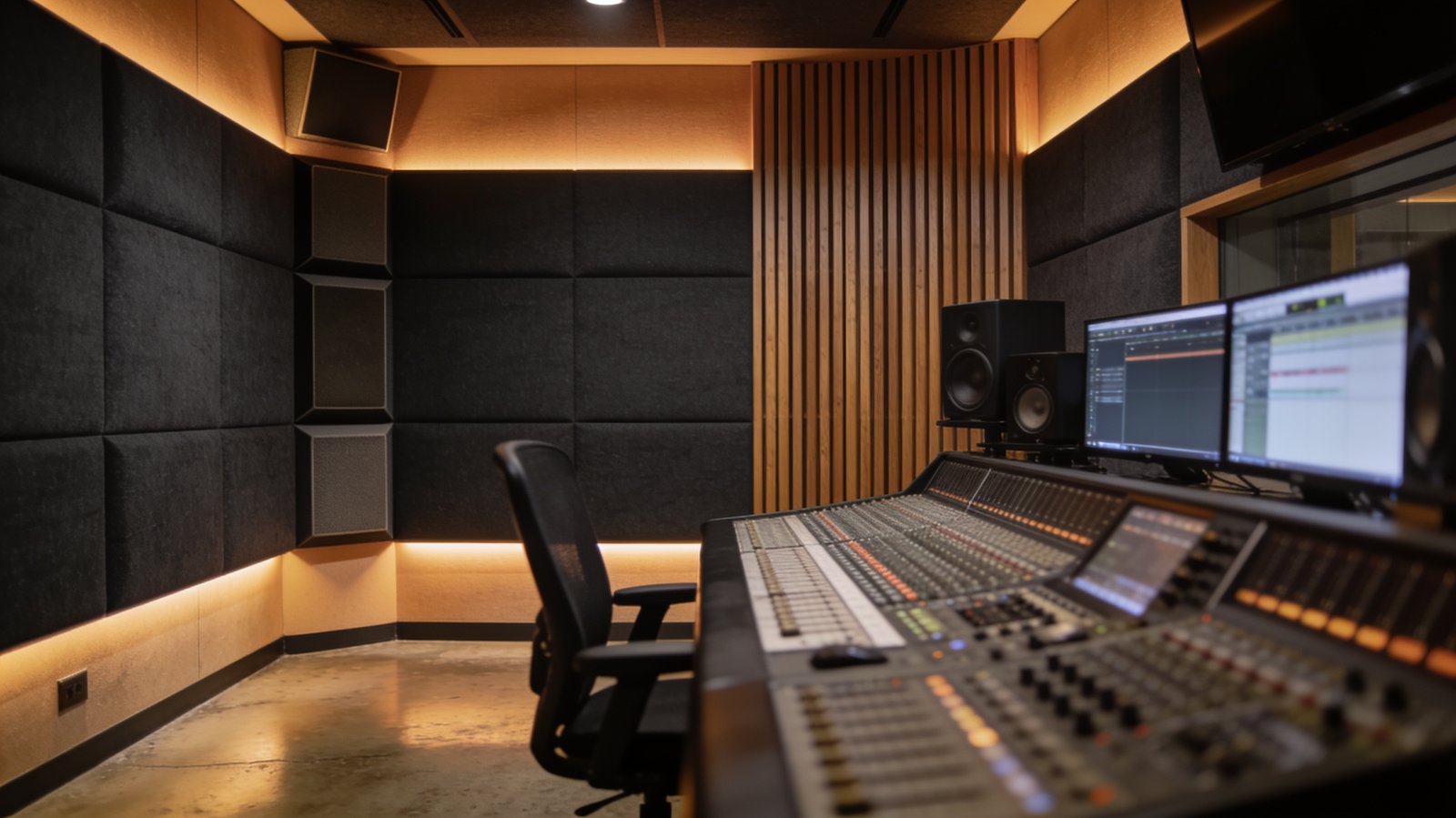 Broadcast control room treated with charcoal absorber panels and a wood-slat wall