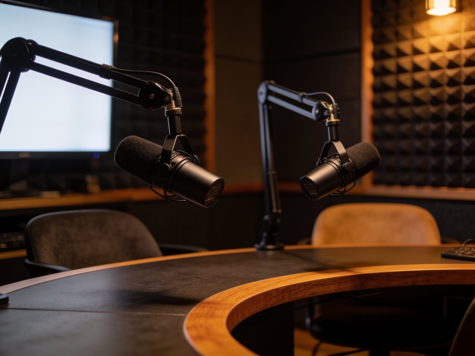Two broadcast microphones on a curved podcast desk