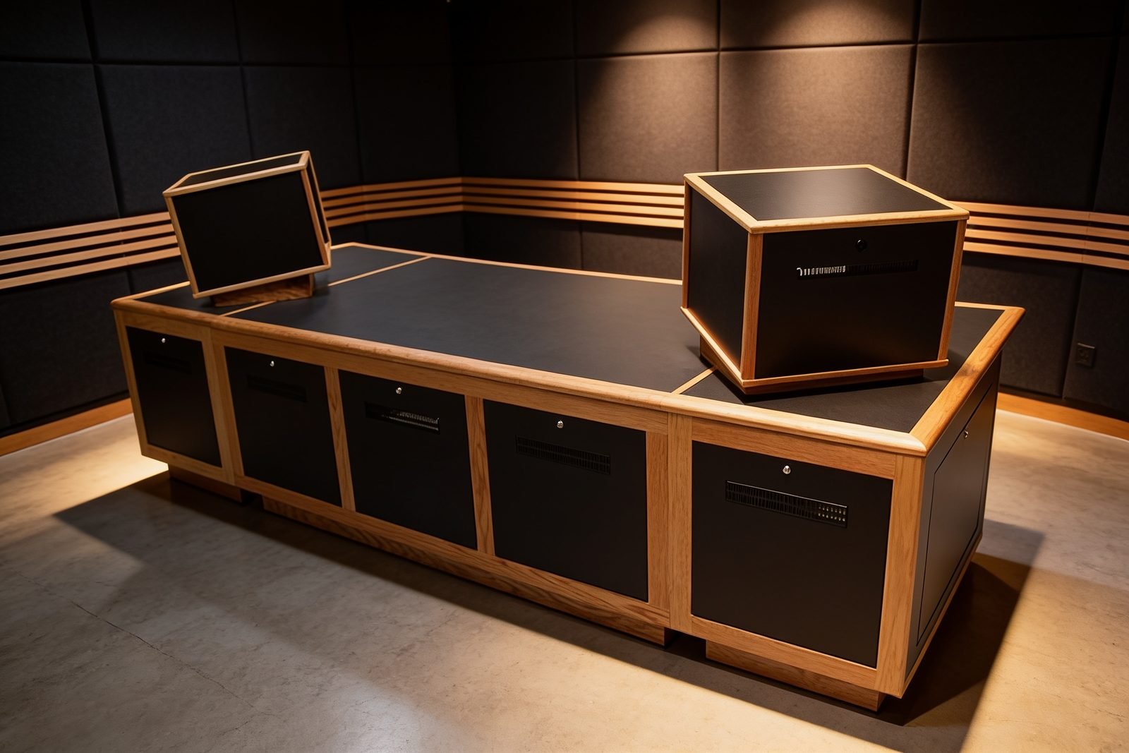 Long custom broadcast console with multiple monitor bays and oak trim