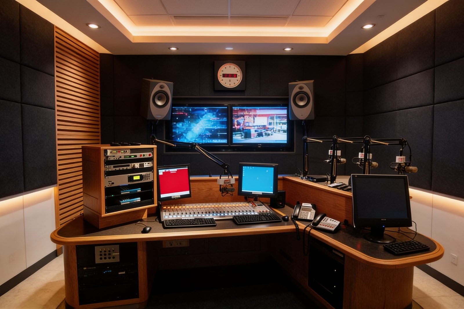 Corner control-room console with integrated equipment racks
