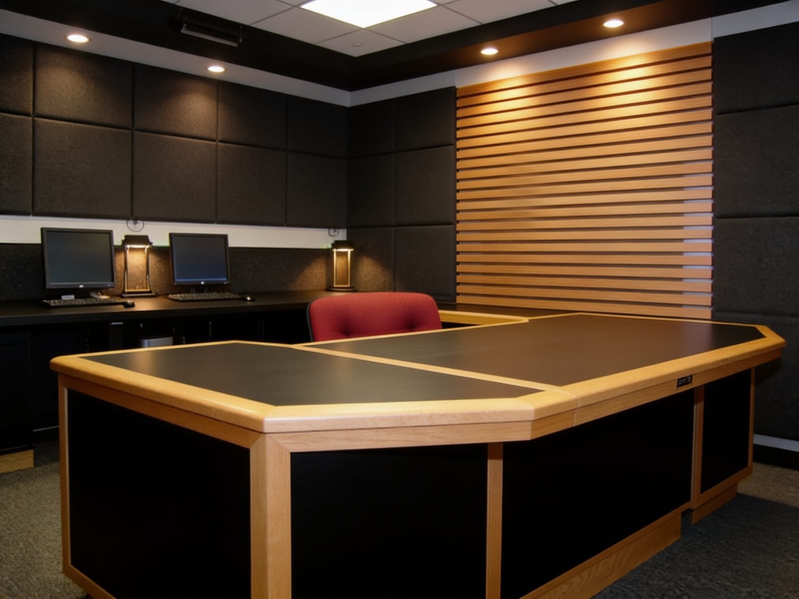 Curved on-air desk with oak trim and microphone arms