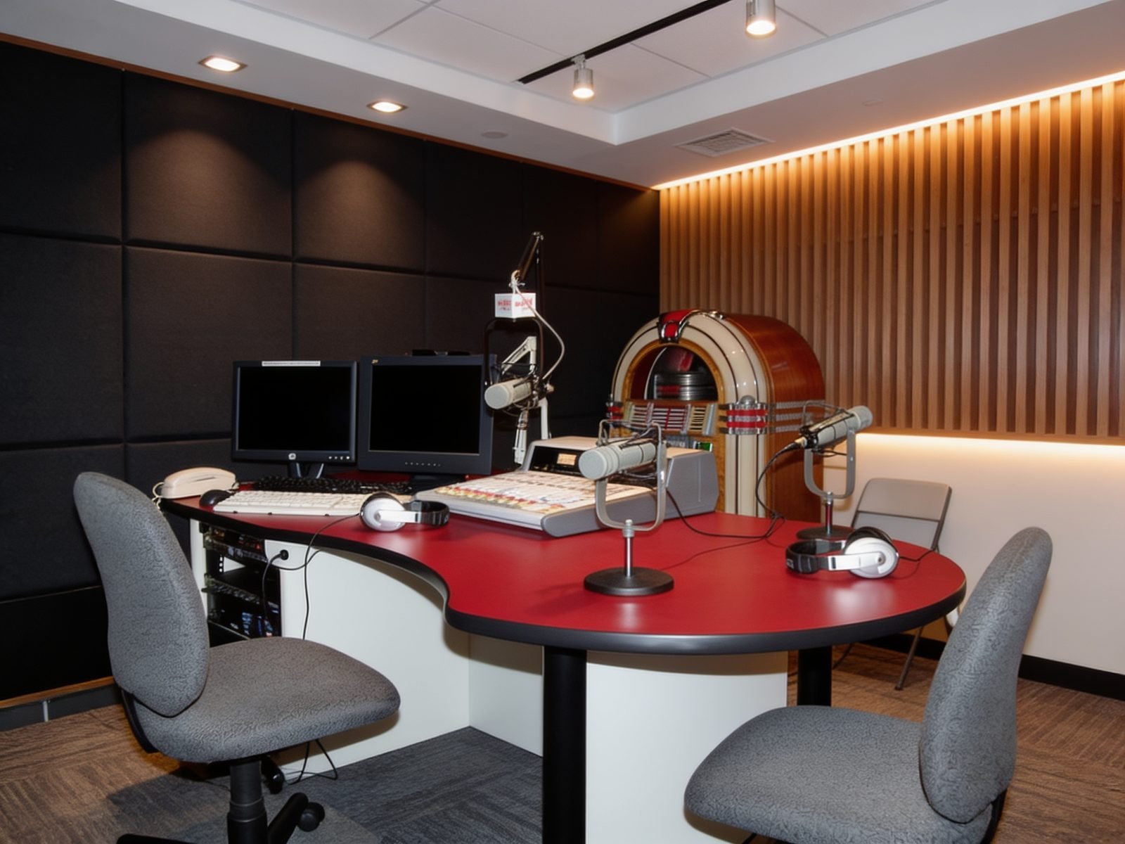 On-air radio studio with a red-topped Graham console